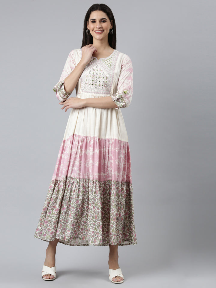 Neerus Beige rayon printed flared dress - front view