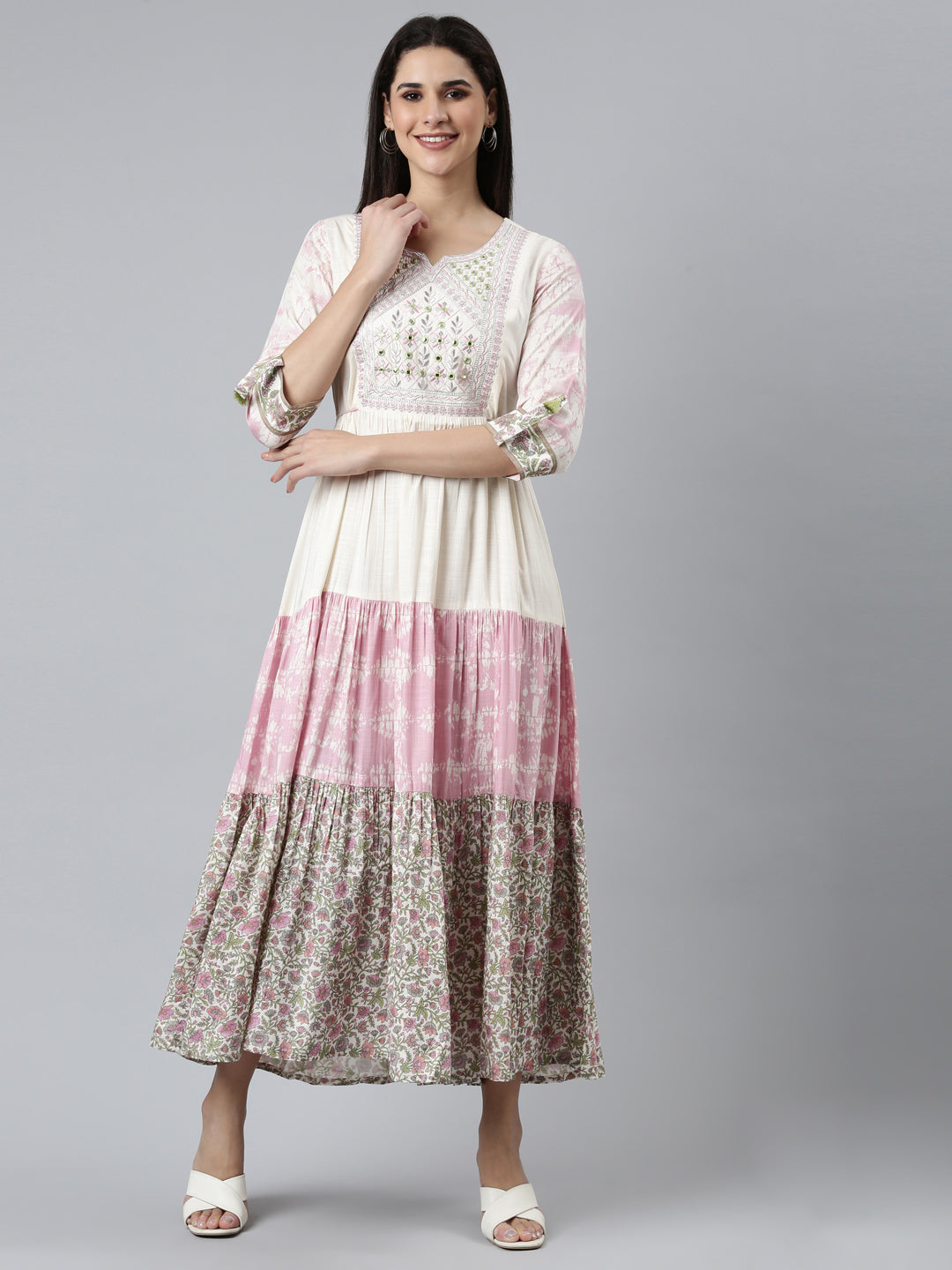 Neeru's Cream Flared Casual Printed Dress