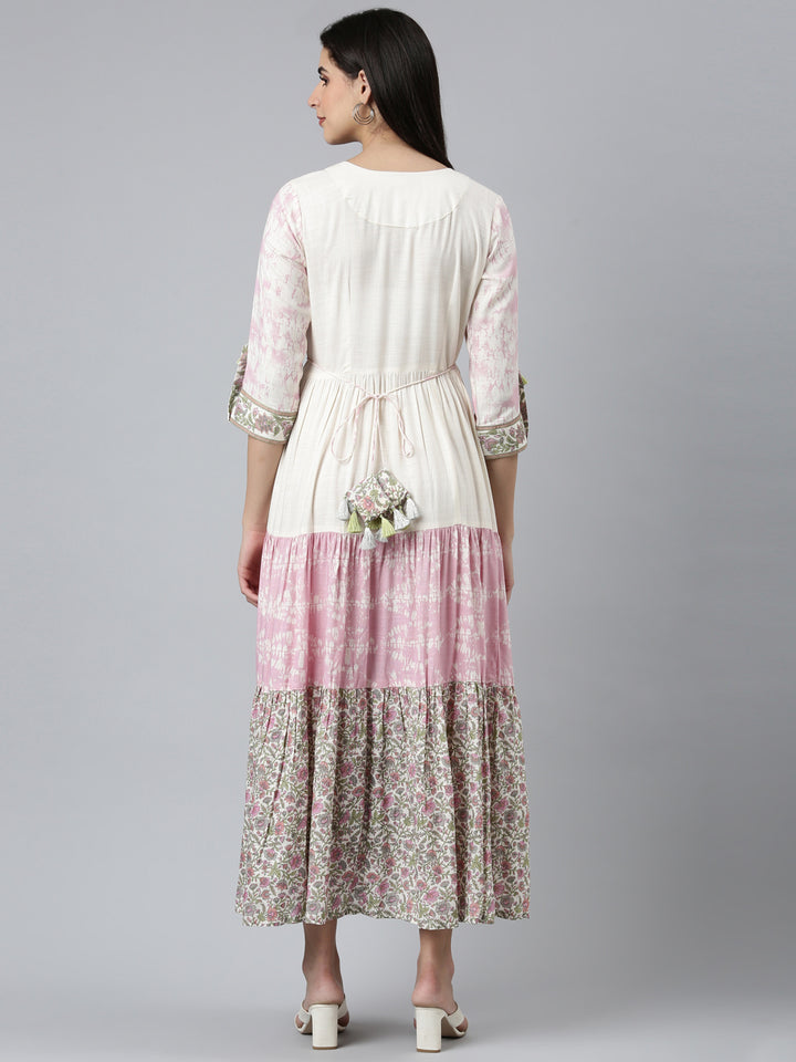 Neerus Beige rayon printed flared dress - side view