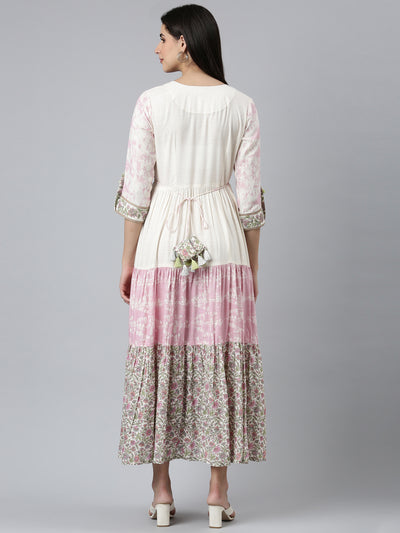 Neeru's Cream Flared Casual Printed Dress