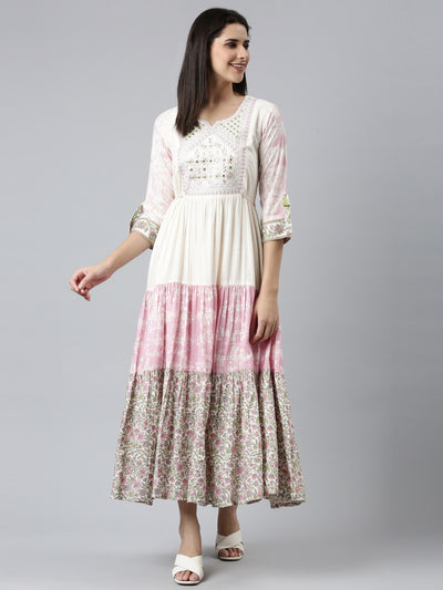 Neeru's Cream Flared Casual Printed Dress
