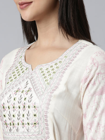 Neeru's Cream Flared Casual Printed Dress