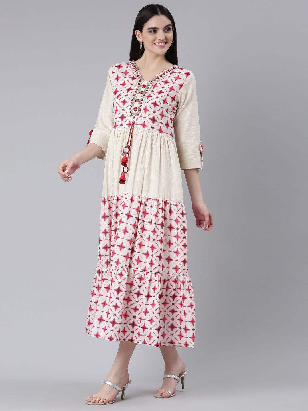 Neerus Pink Straight Casual Printed Dress