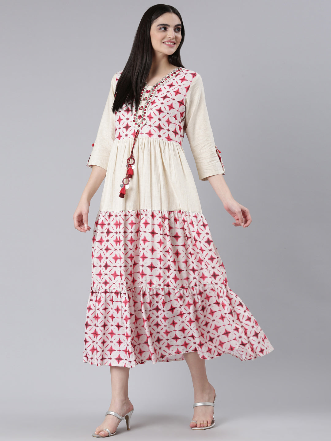 Neerus Pink Straight Casual Printed Dress