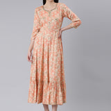 Neerus Orange Straight Casual Printed Dress