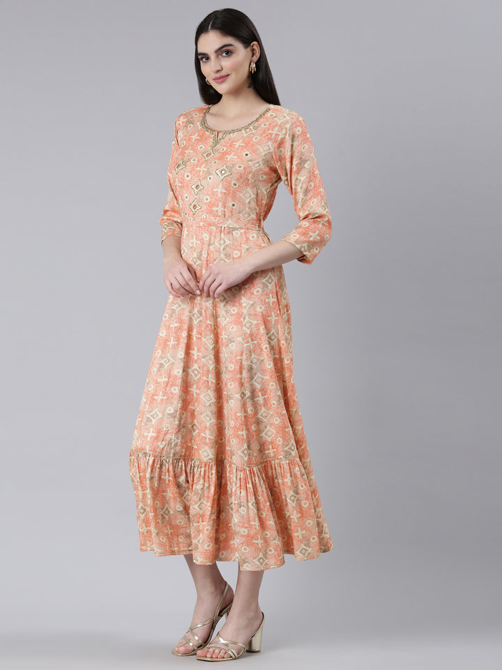 Neerus Orange Straight Casual Printed Dress