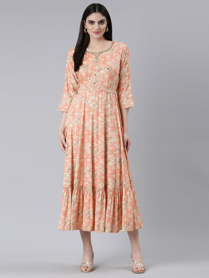 Neerus Orange Straight Casual Printed Dress
