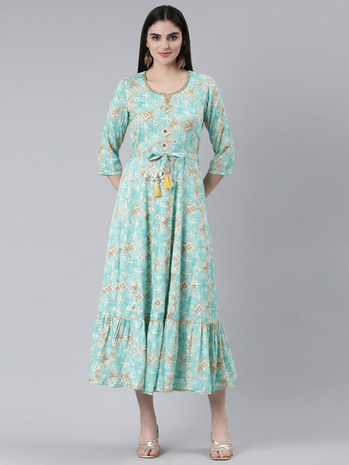 Neerus Sea Green Straight Casual Printed Dress