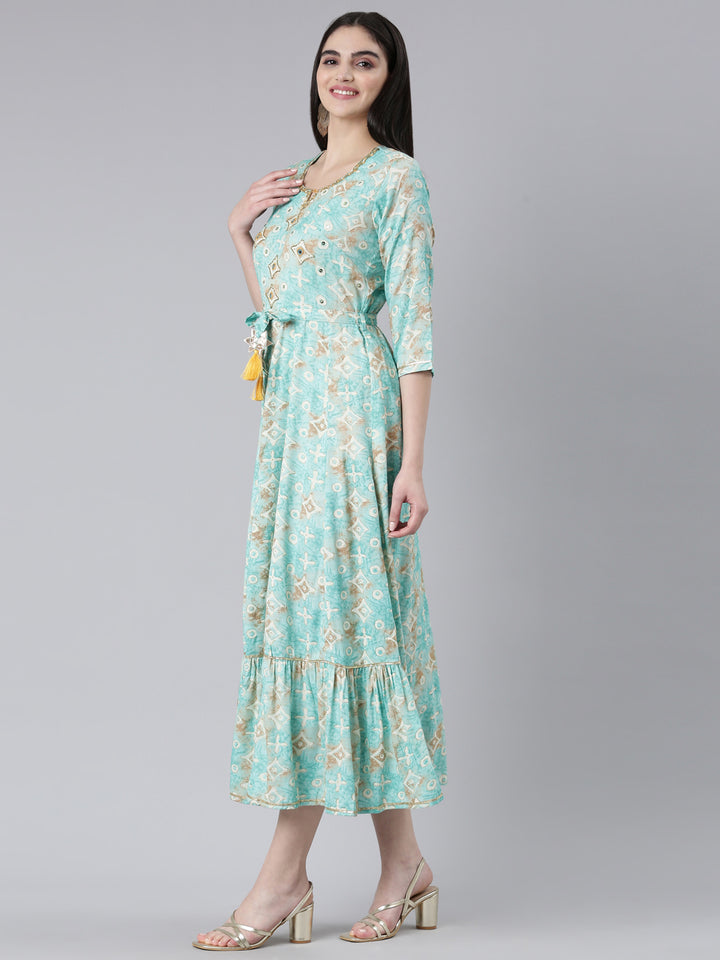 Neerus Sea Green Straight Casual Printed Dress