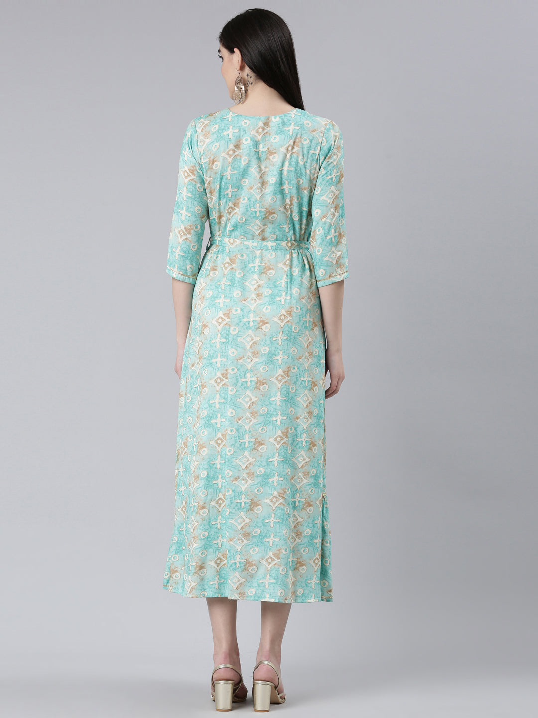 Neerus Sea Green Straight Casual Printed Dress