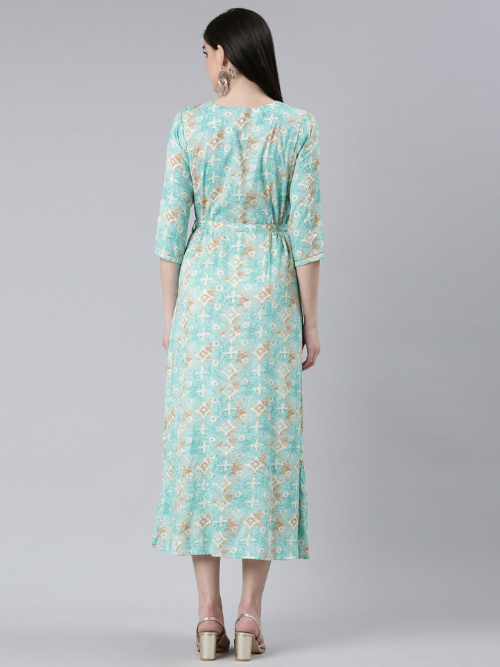 Neerus Sea Green Straight Casual Printed Dress