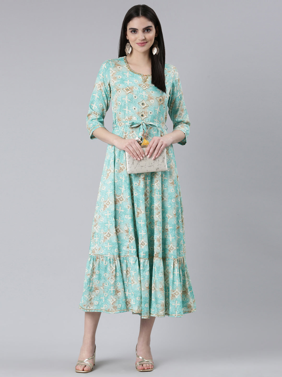 Neerus Sea Green Straight Casual Printed Dress