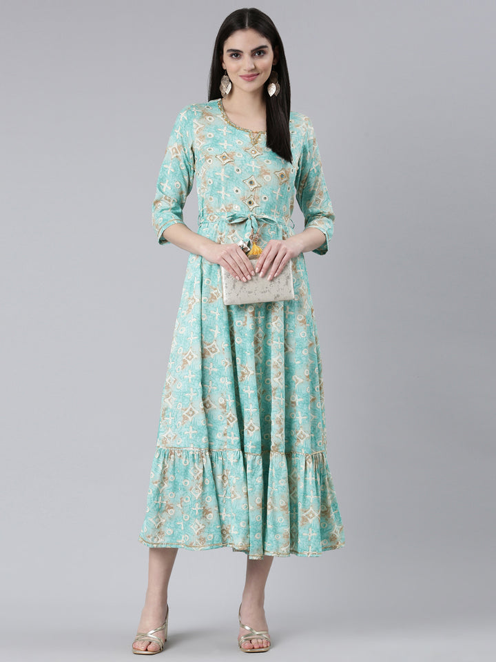 Neerus Sea Green Straight Casual Printed Dress