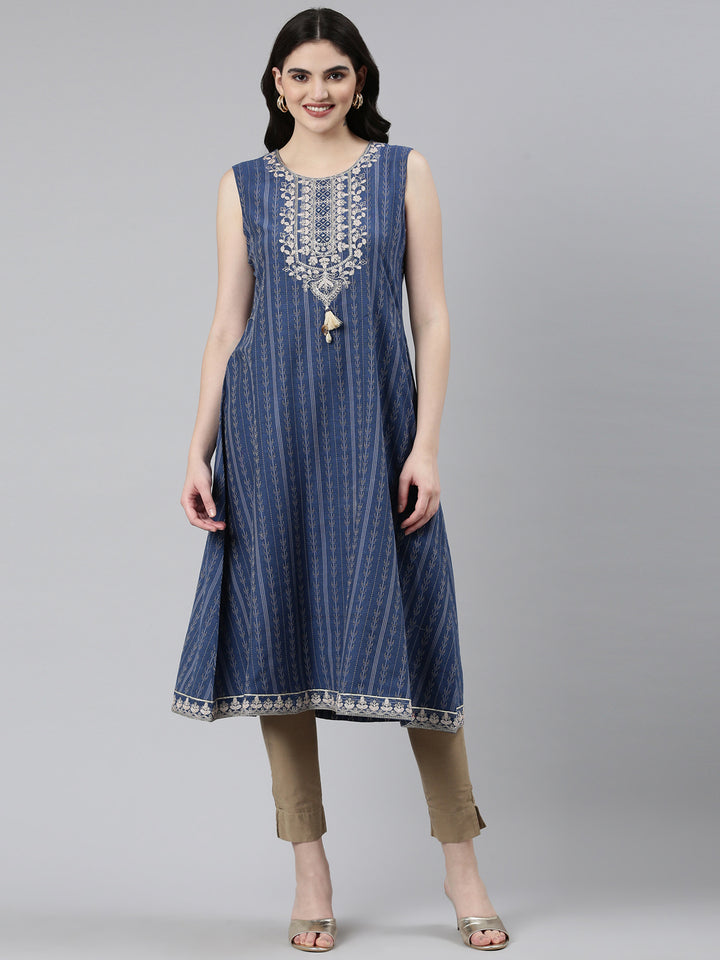 Neerus Blue slub cotton printed anarkali kurti - front view
