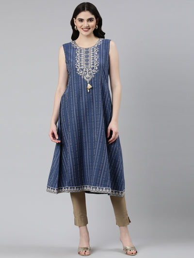 Neeru's Blue Regular Anarkali Printed Kurta