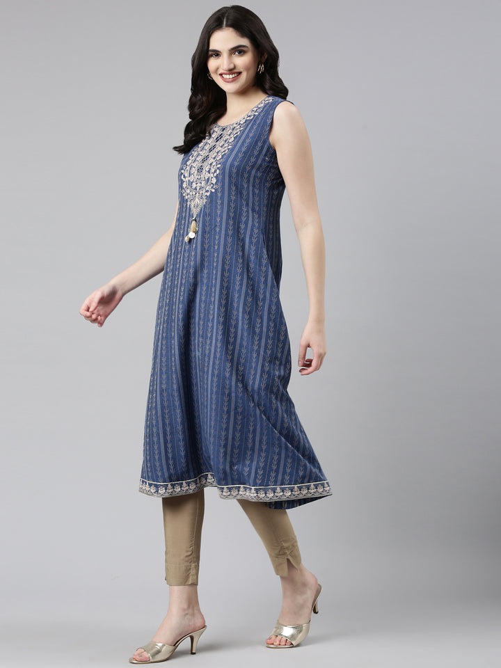 Neerus Blue slub cotton printed anarkali kurti - back view