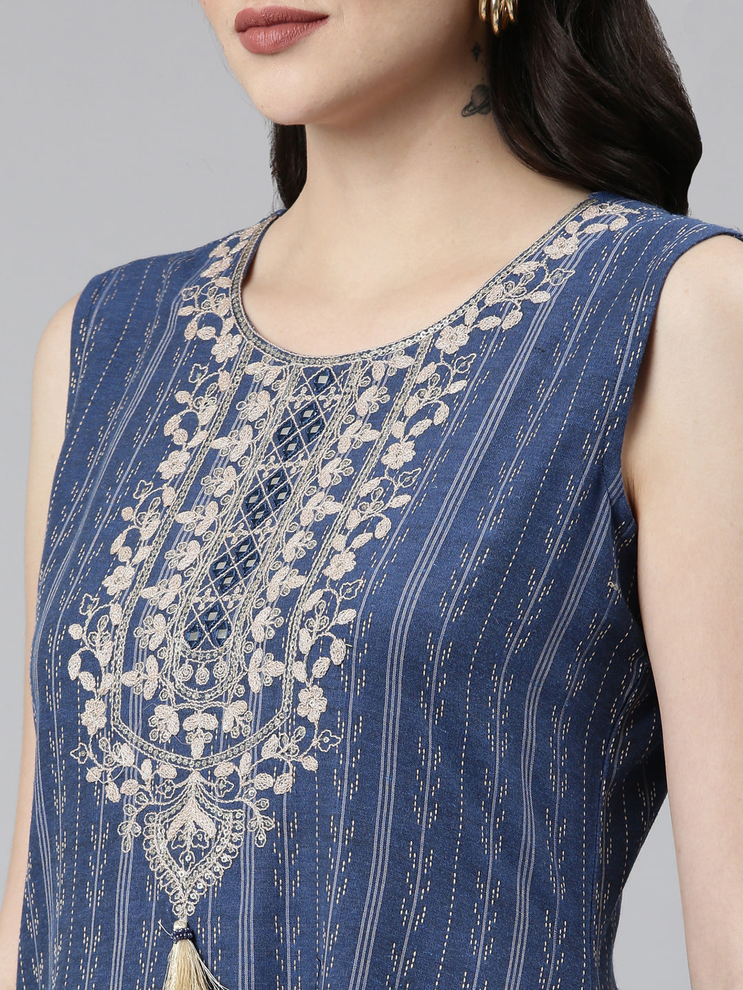 Neerus Blue slub cotton printed anarkali kurti - detail view 1
