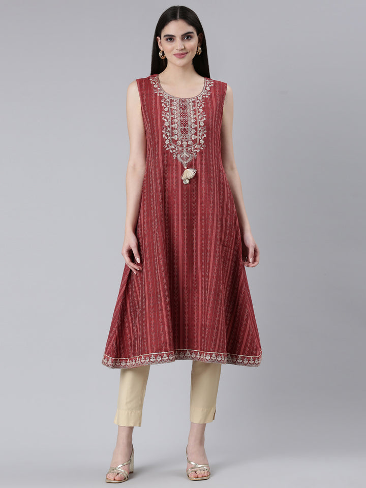 Neerus Maroon Regular A-Line Printed Kurtas