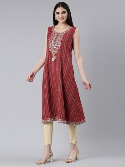 Neerus Maroon Regular A-Line Printed Kurtas