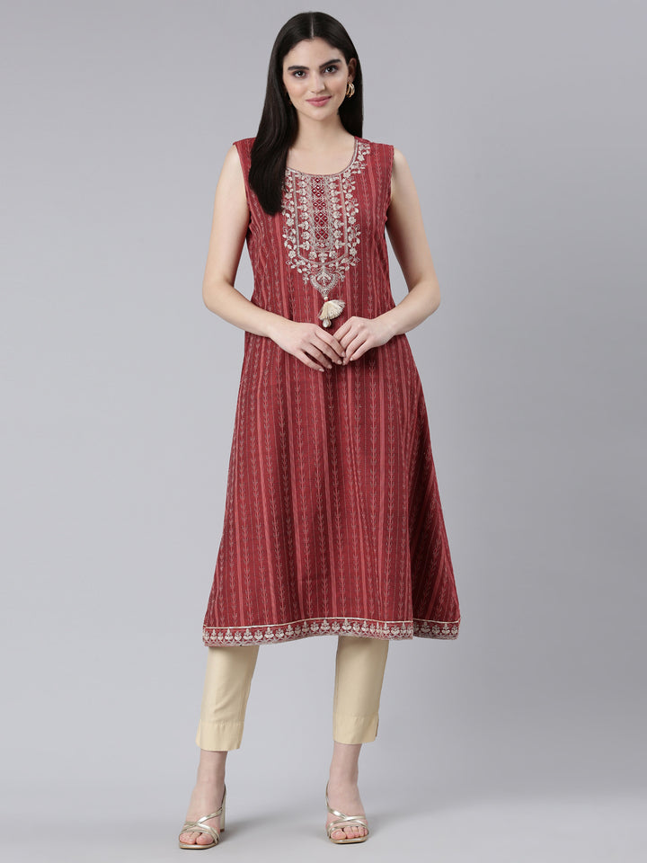 Neerus Maroon Regular A-Line Printed Kurtas