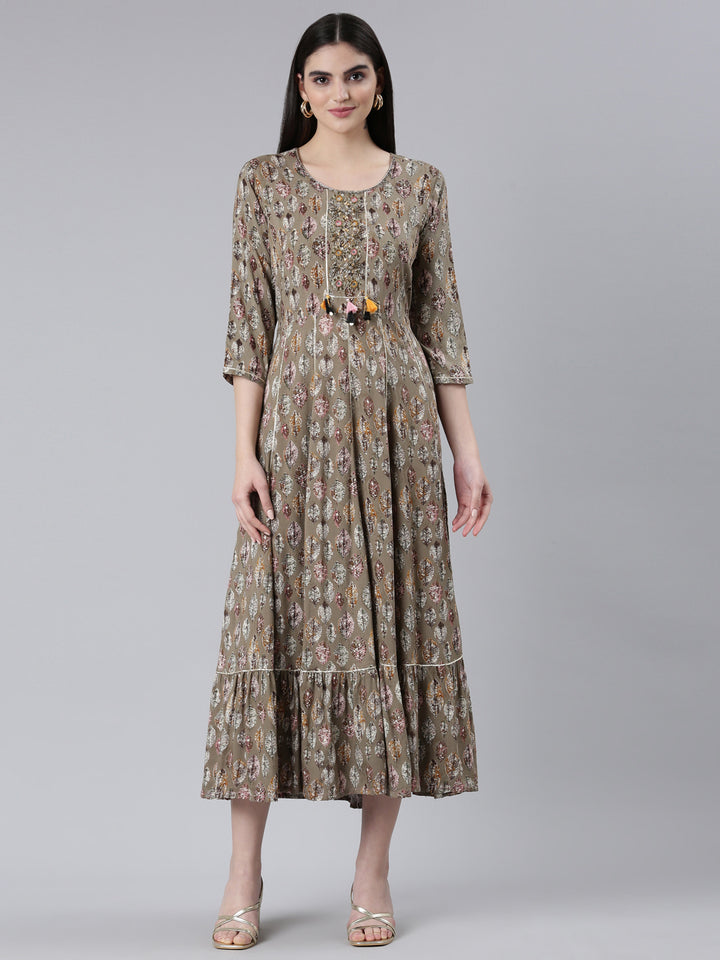 Neerus Brown Straight Casual Printed Dress