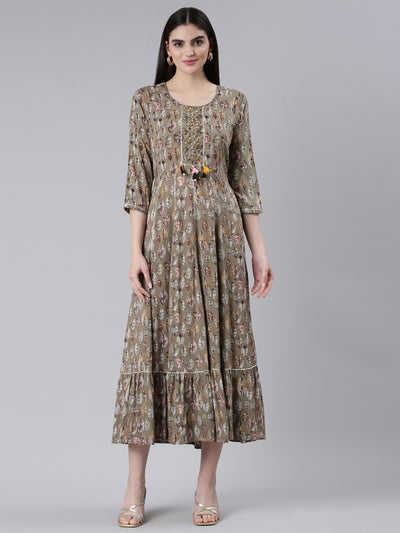 Neerus Brown Straight Casual Printed Gown