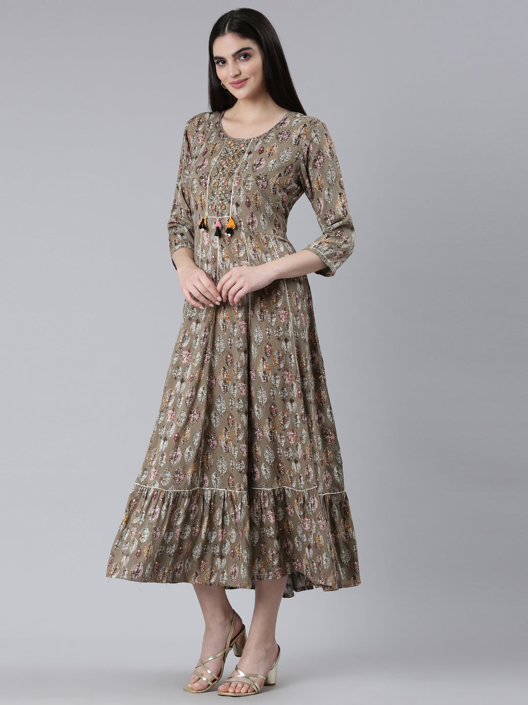 Neerus Brown Straight Casual Printed Dress