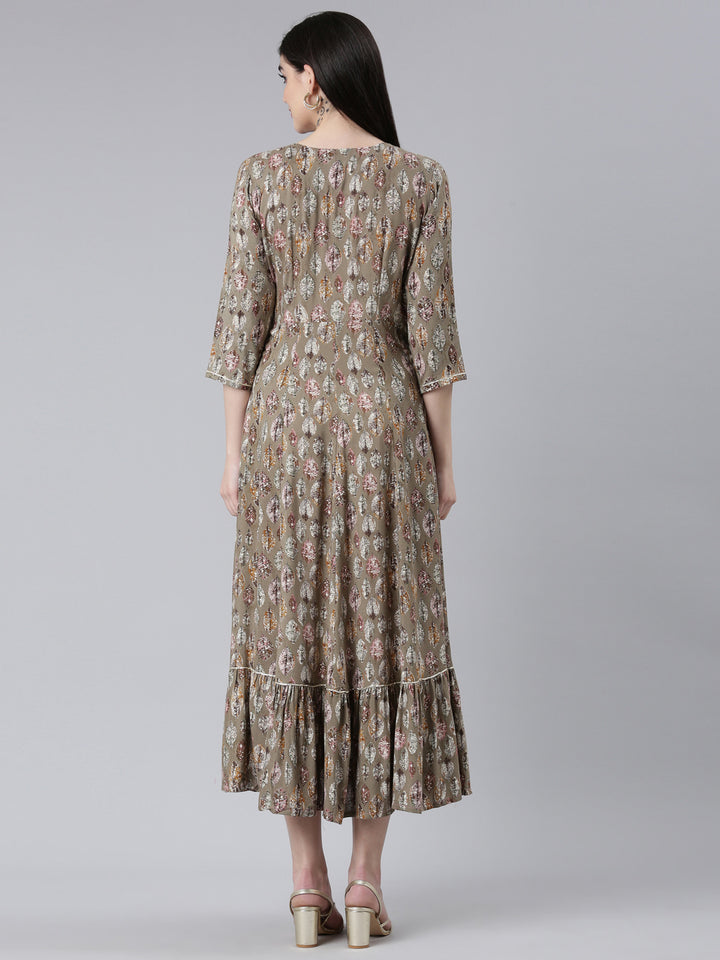 Neerus Brown Straight Casual Printed Dress