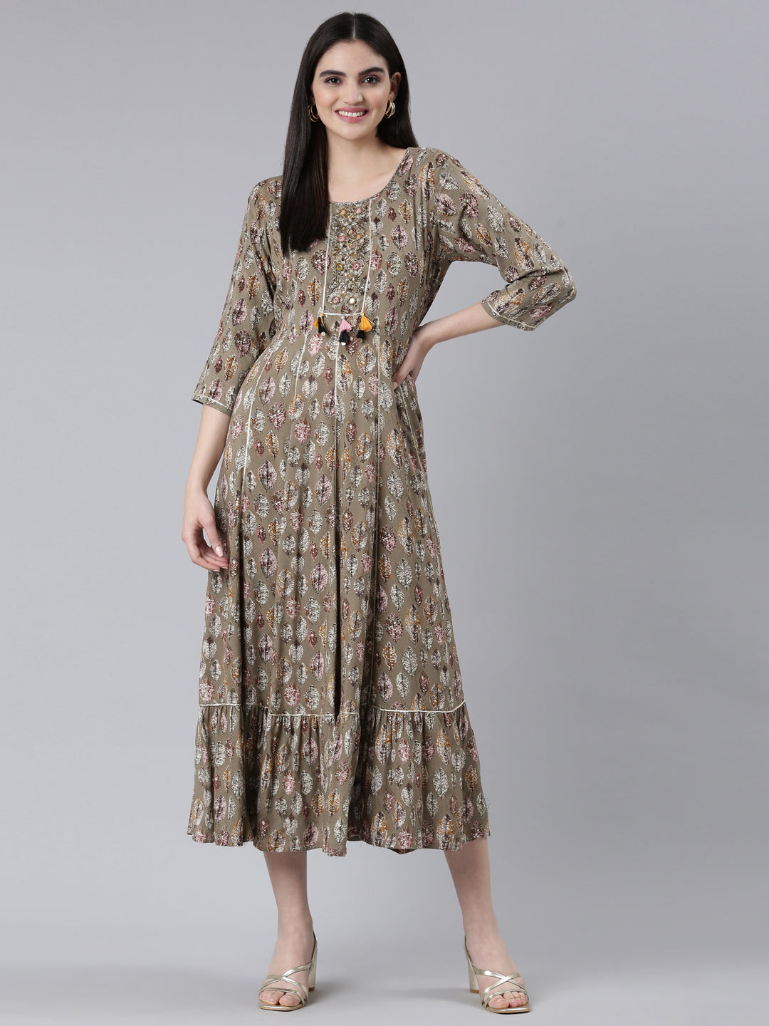 Neerus Brown Straight Casual Printed Dress
