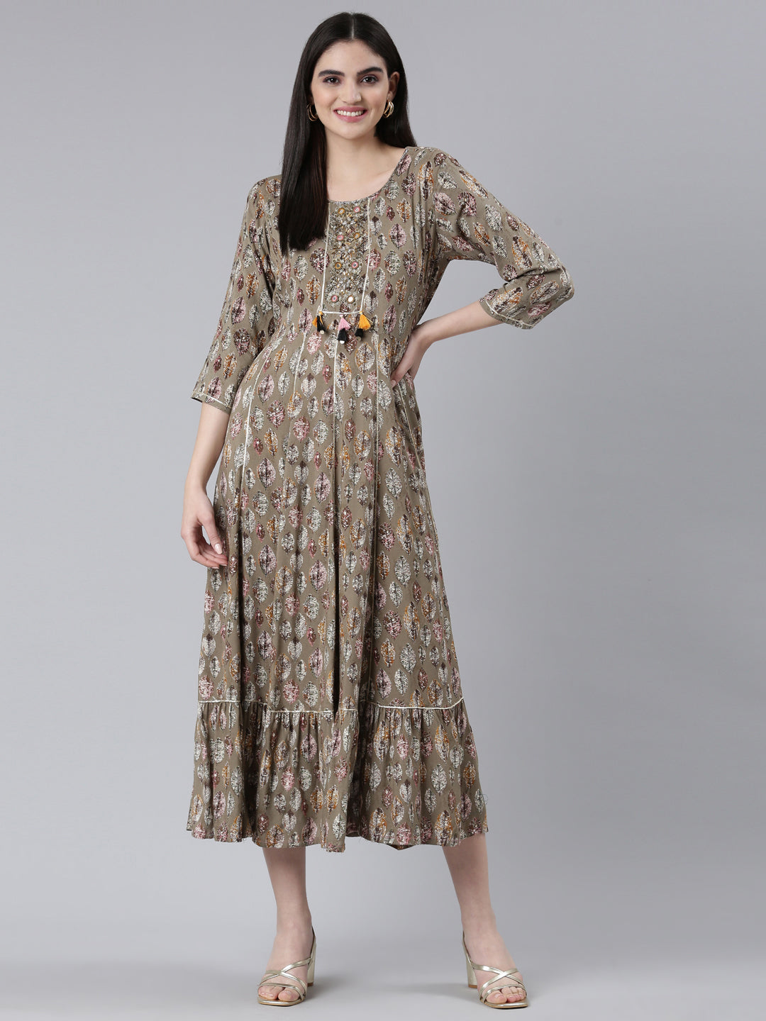 Neerus Brown Straight Casual Printed Gown