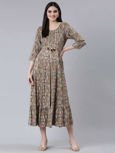 Neerus Brown Straight Casual Printed Gown