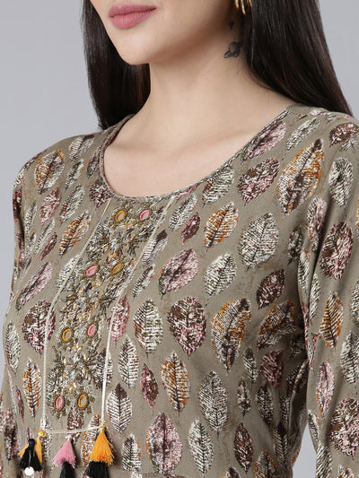 Neerus Brown Straight Casual Printed Gown