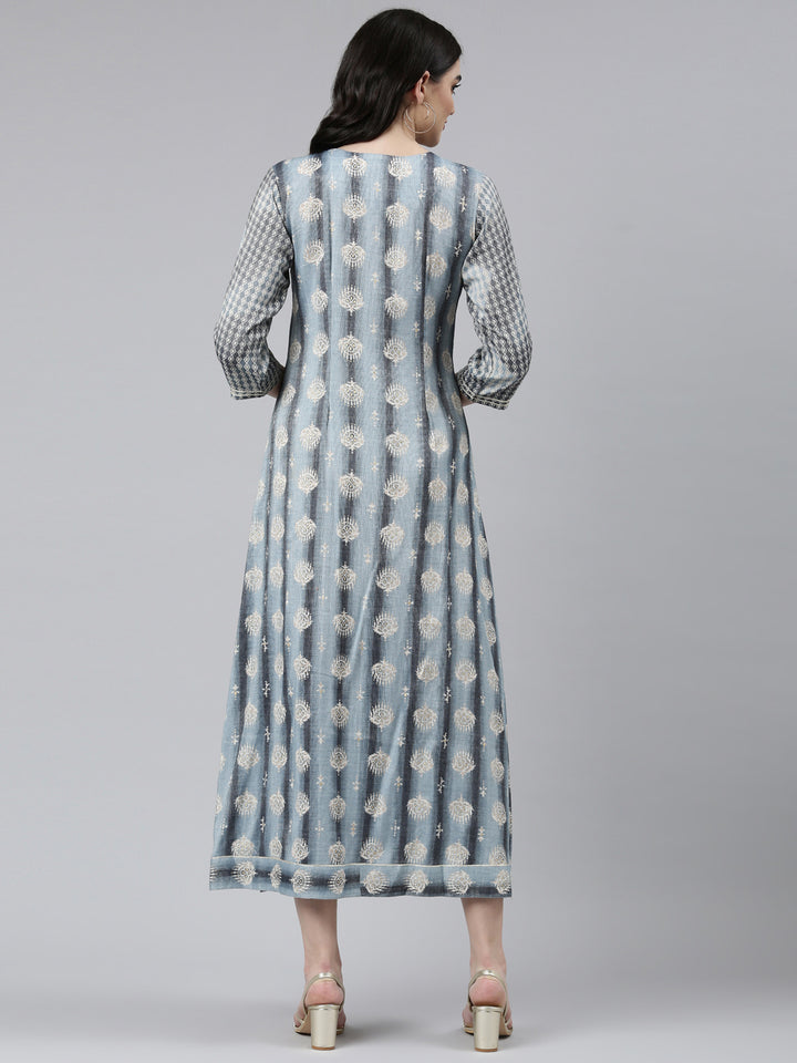 Neerus Grey Straight Casual Printed Dress