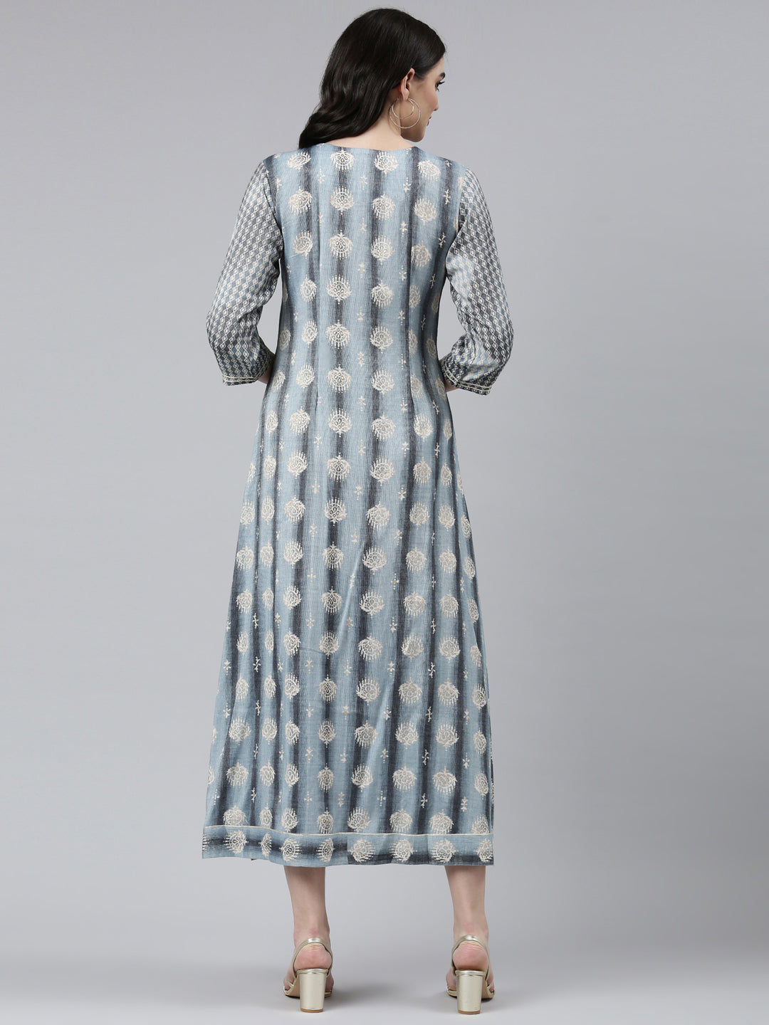 Neerus Grey Straight Casual Printed Gown