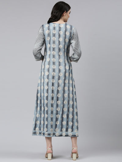 Neerus Grey Straight Casual Printed Gown