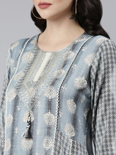 Neerus Grey Straight Casual Printed Gown