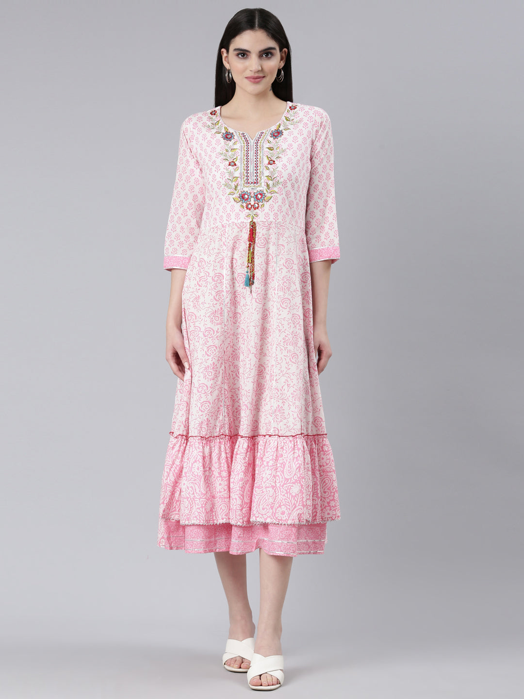 Neerus Pink Straight Casual Printed Gown