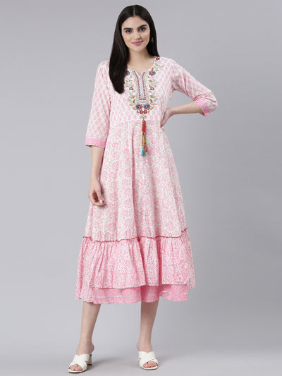 Neerus Pink Straight Casual Printed Gown
