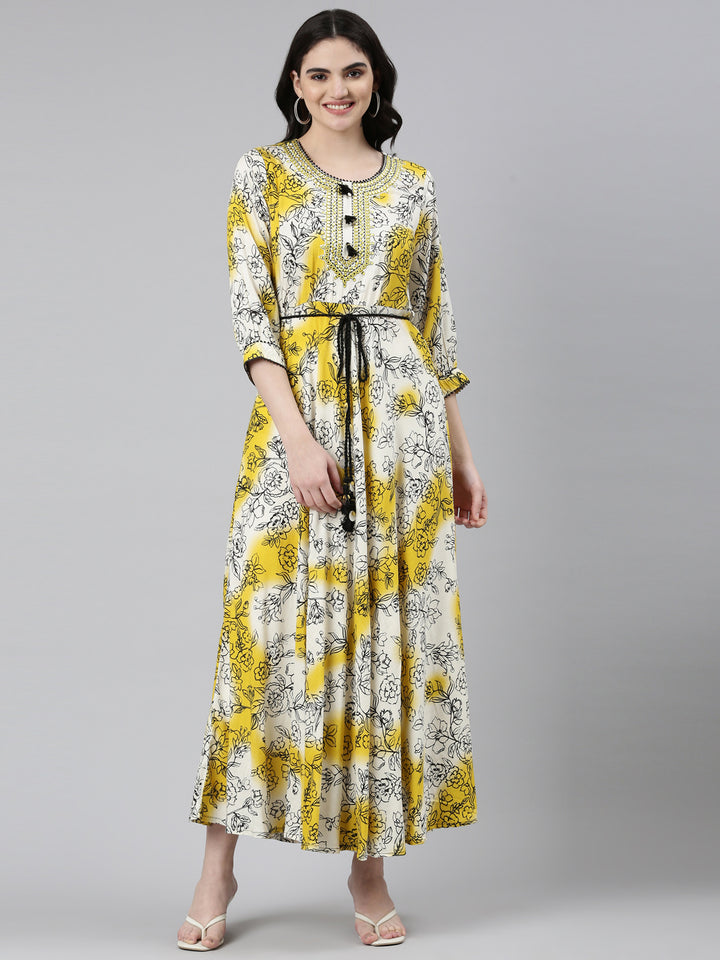 Neerus Yellow Straight Casual Printed Dress