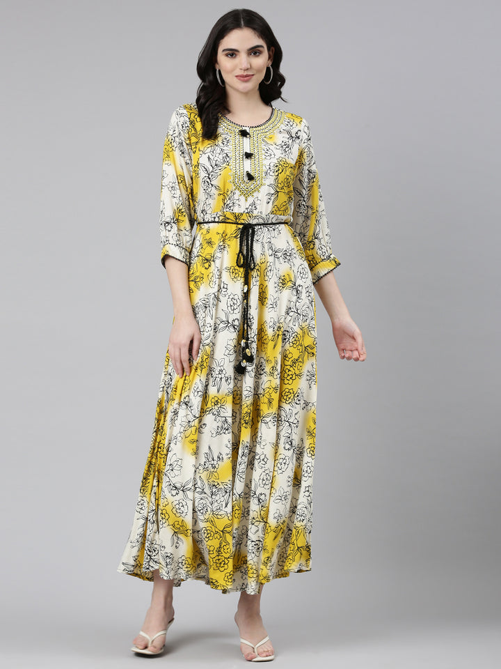 Neerus Yellow Straight Casual Printed Dress