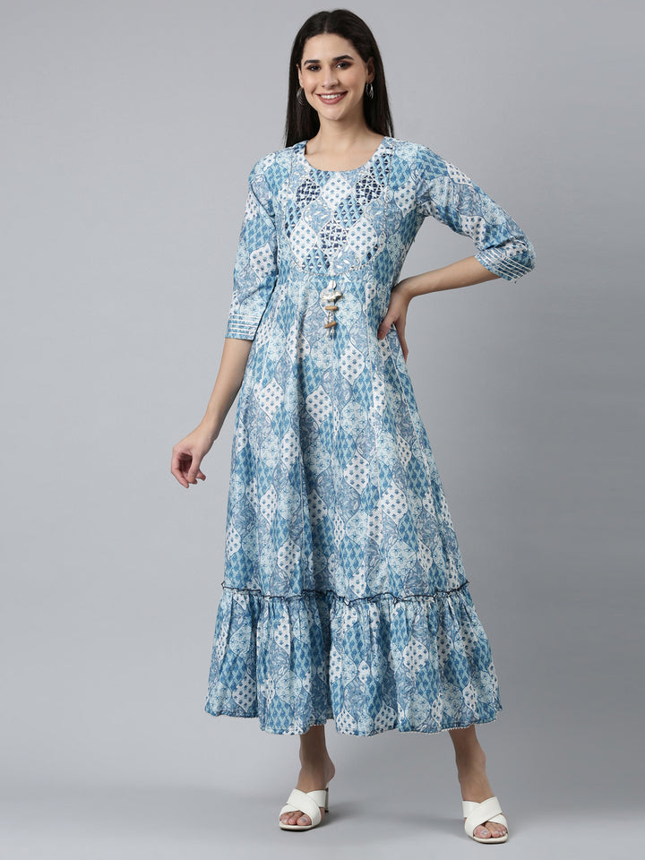 Neerus Blue Straight Casual Printed Dress