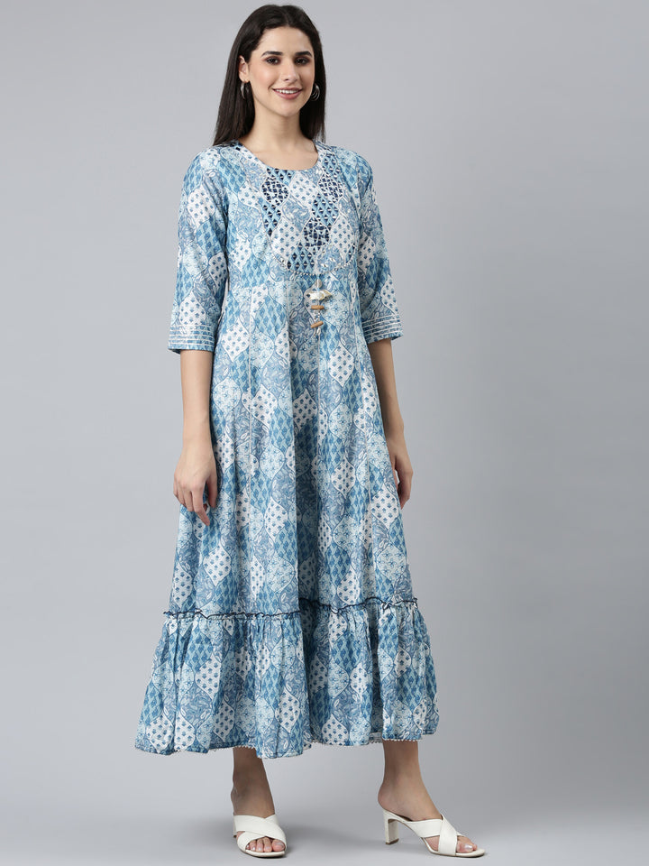 Neerus Blue Straight Casual Printed Dress
