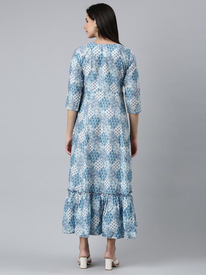 Neerus Blue Straight Casual Printed Dress