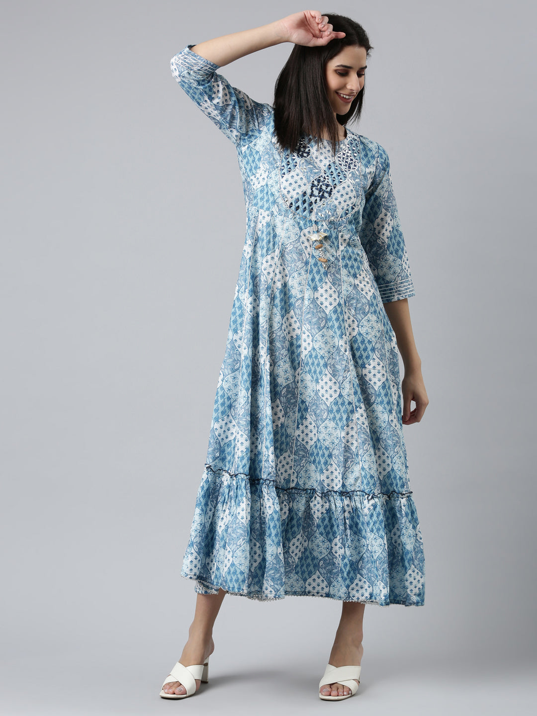 Neerus Blue Straight Casual Printed Dress