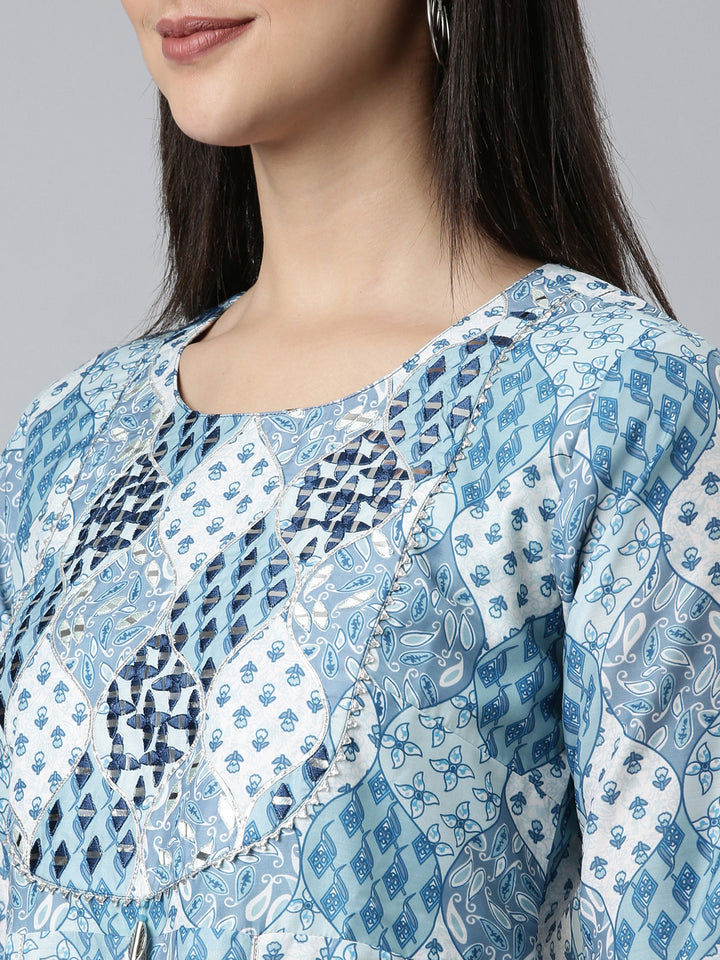 Neerus Blue Straight Casual Printed Dress