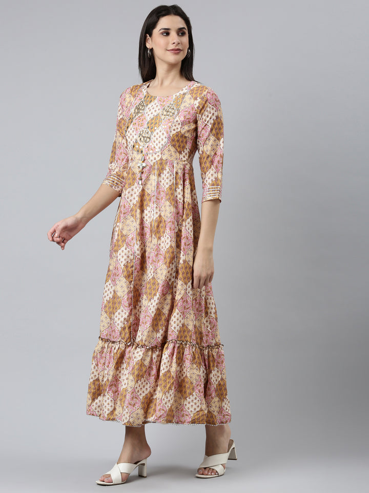 Neerus Mustard Straight Casual Printed Dress