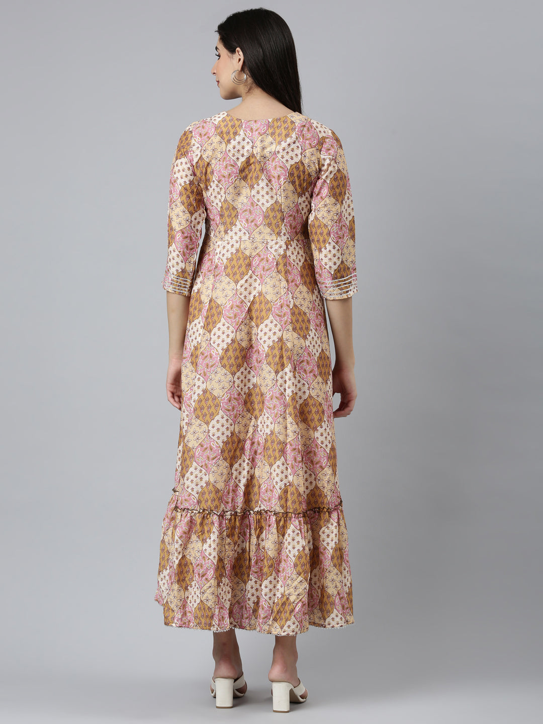 Neerus Mustard Straight Casual Printed Dress