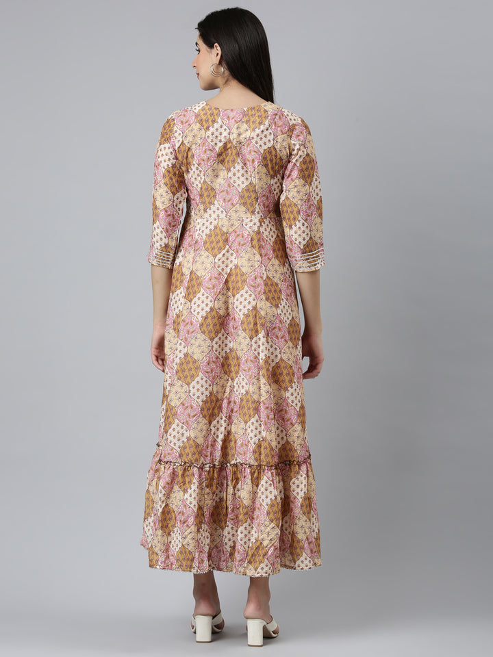 Neerus Mustard Straight Casual Printed Dress
