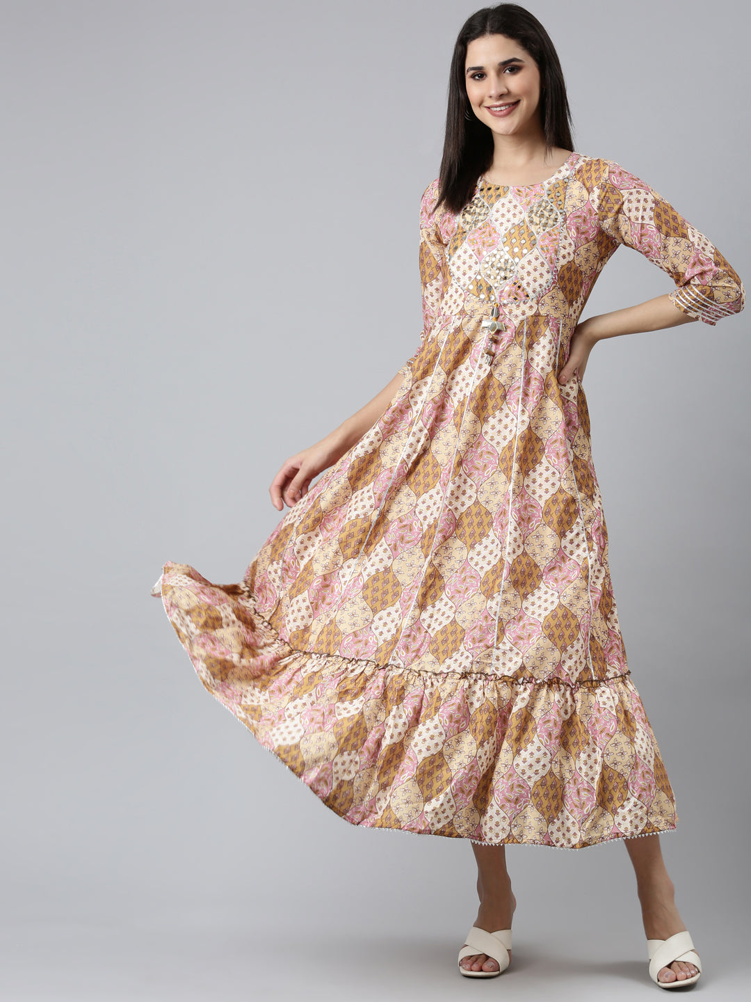 Neerus Mustard Straight Casual Printed Dress