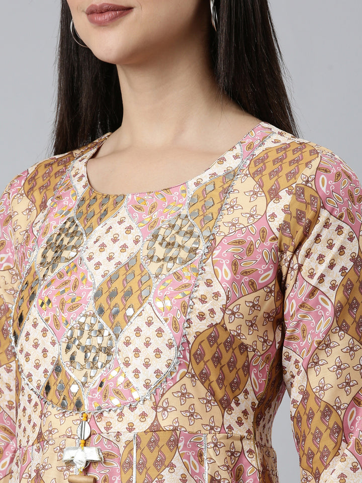Neerus Mustard Straight Casual Printed Dress